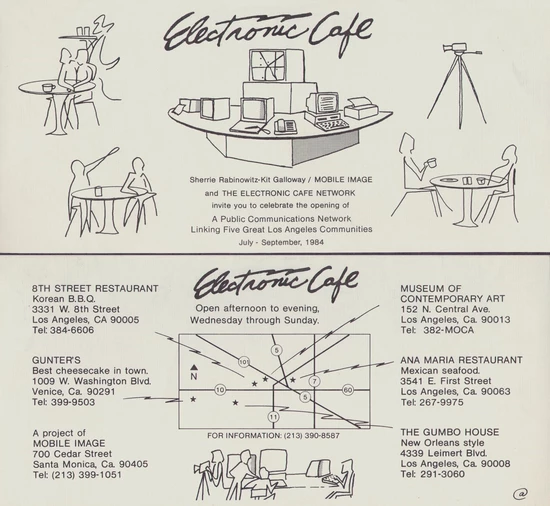Mobile Image, announcement card for Electronic Café, 1984 (© Kit Galloway; scan by the Sherrie Rabinowitz and Kit Galloway Archive, Piñon Hills, CA)
