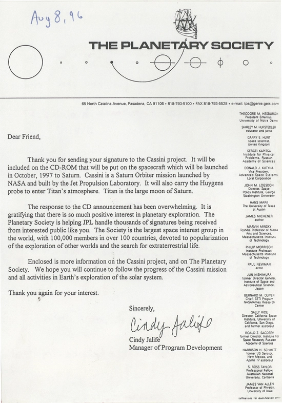 The Planetary Society's letter, received by Eduardo Kac on August 8, 1996, confirming the inclusion of Kac's Monogram in the Cassini project.Image source: Kac's Archive.