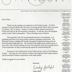 The Planetary Society's letter, received by Eduardo Kac on August 8, 1996, confirming the inclusion of Kac's Monogram in the Cassini project.Image source: Kac's Archive.